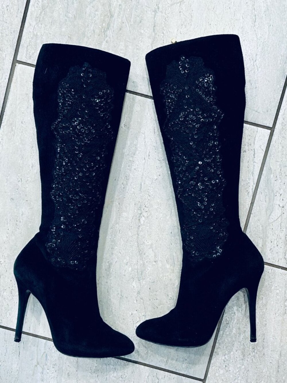 RALPH LAUREN COLLECTION Black Suede Sequin Embellished Stiletto Boots 8.5B